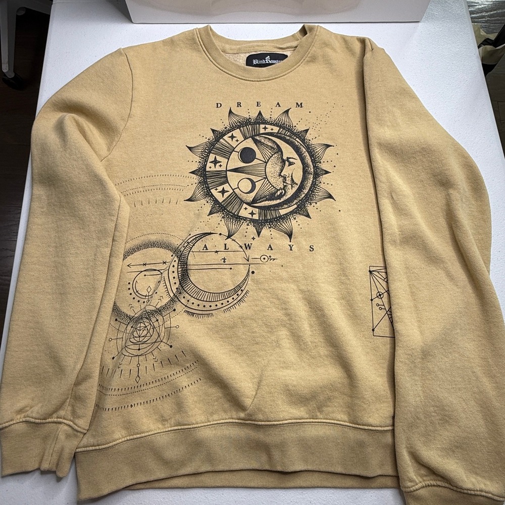 Blind‎ Rooster Celestial Graphic Sweatshirt Tan Size L Moon Sun Boho Unisex